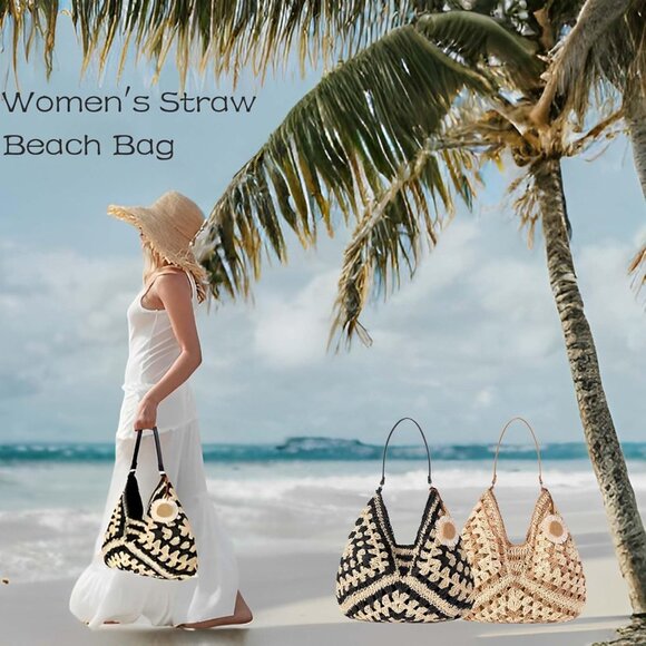 Women's Black Straw Beach Bag Vintage Hobo Shoulder Tote Summer Bag for Travel - Picture 2 of 5